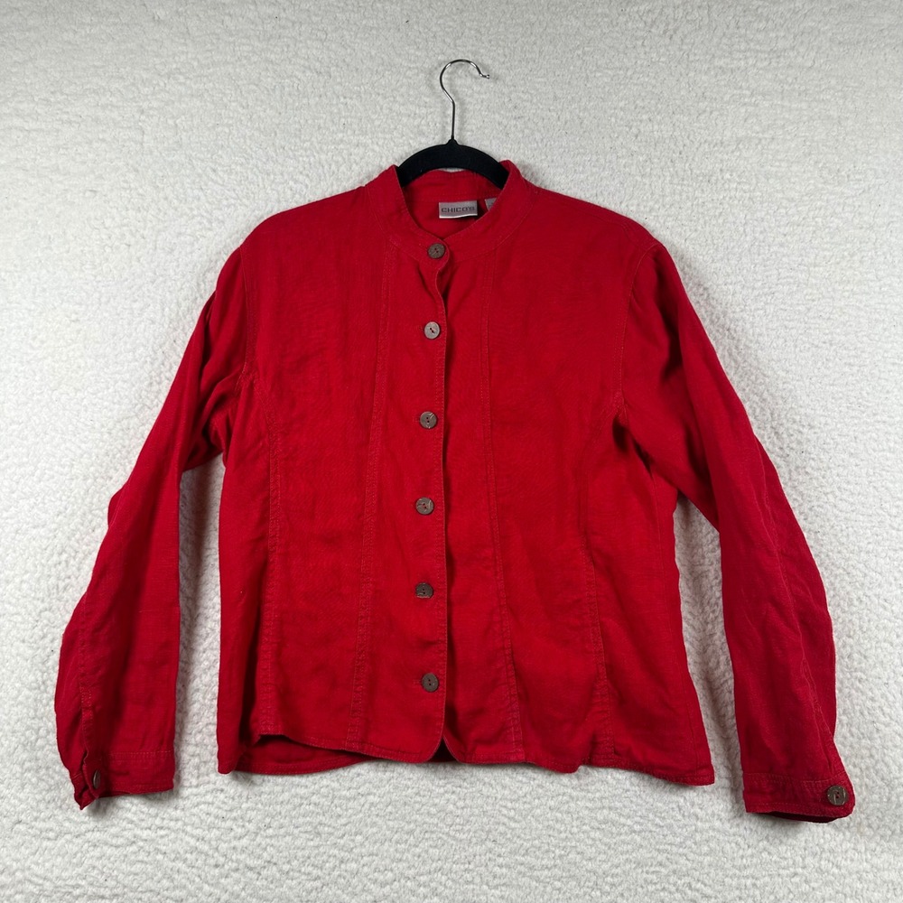 Chicos Red Linen Button Front Jacket Women L Mandarin Collar Lightweight Holiday
